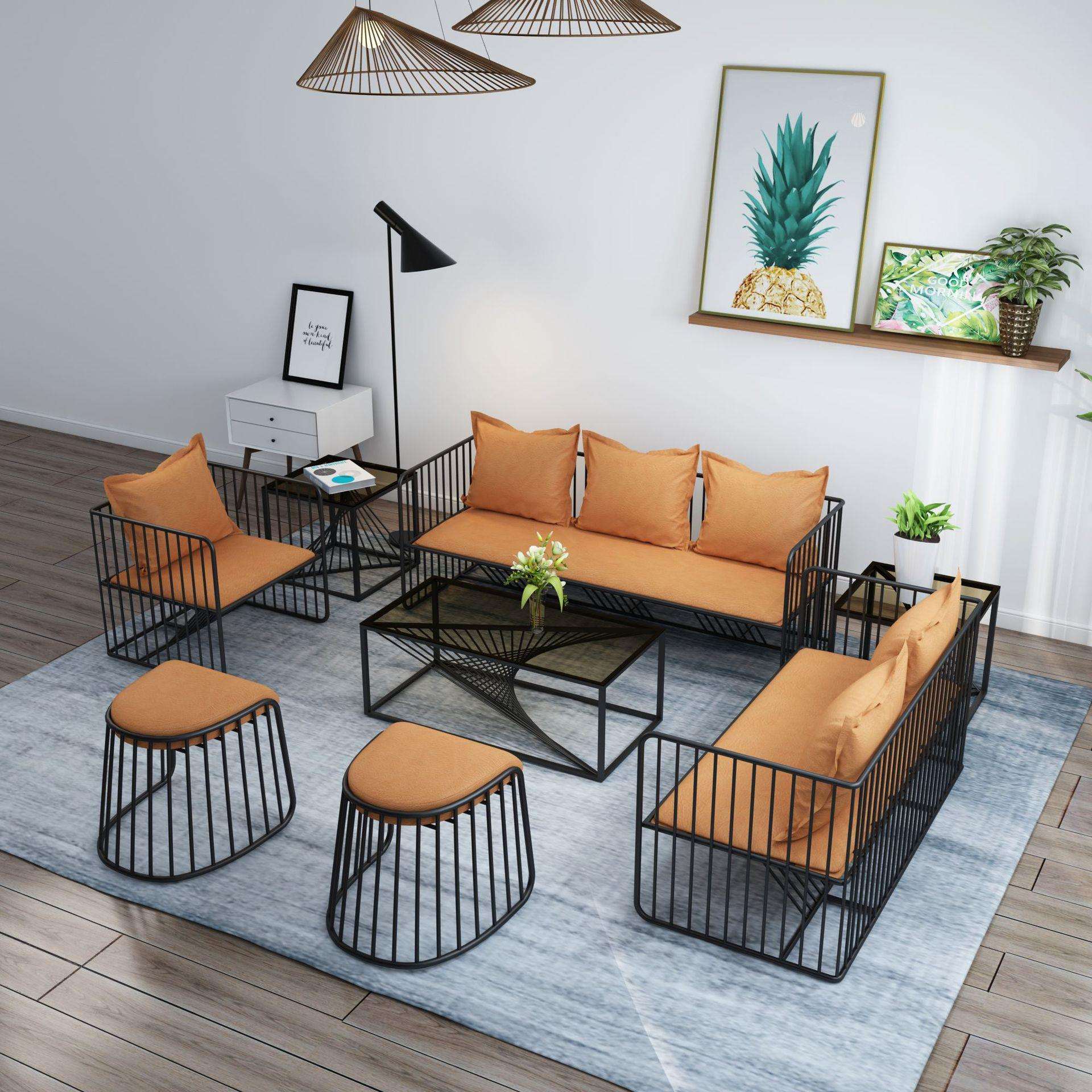 现代简约铁艺沙发椅工业风洽谈沙发茶几组合休息区等候沙发套装