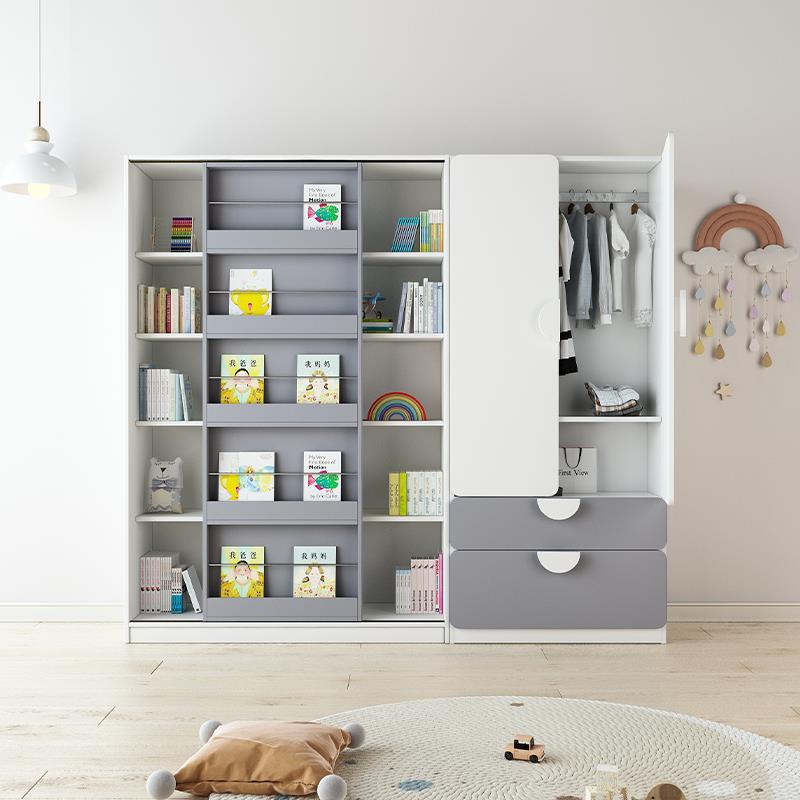 9C实木儿童衣柜简易家用卧室推拉门书架组合小衣柜定制收
