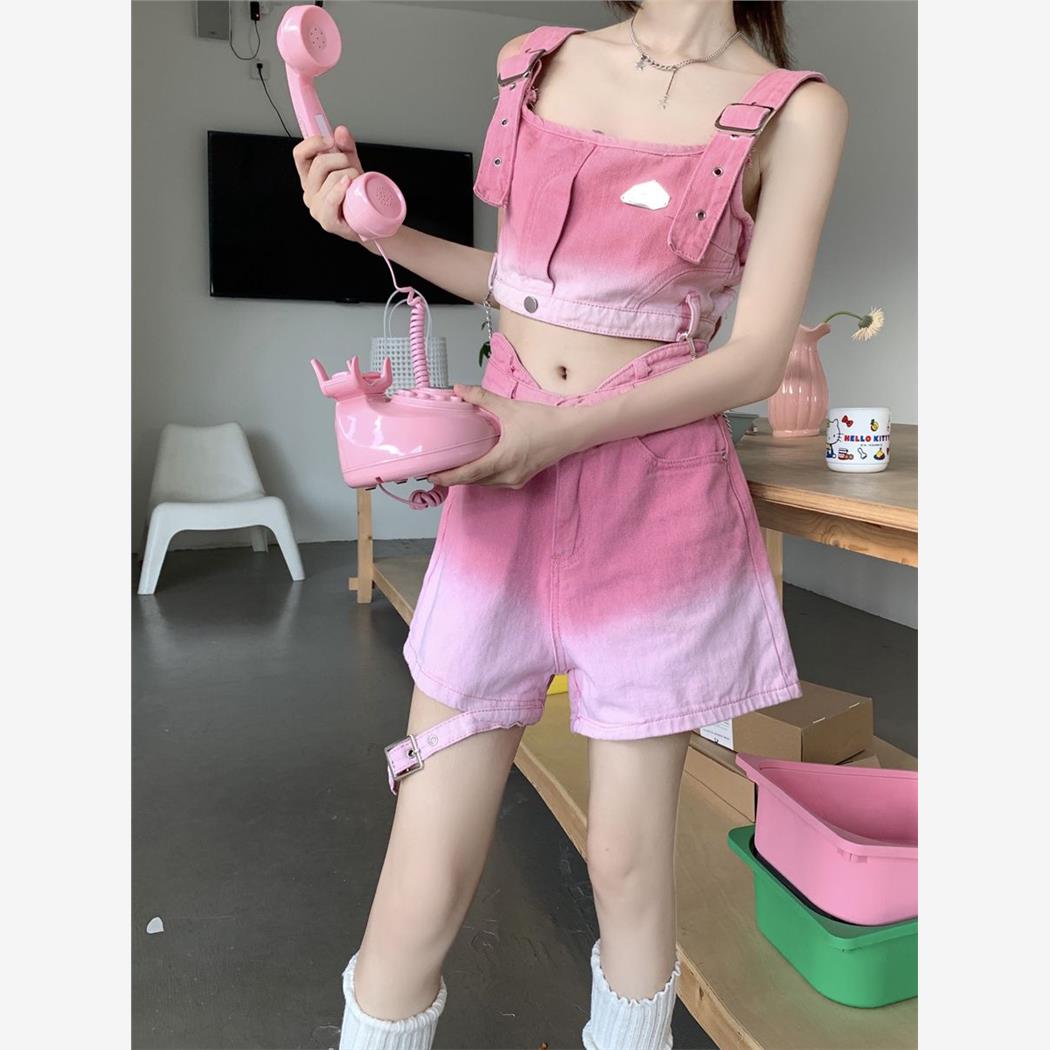 粉色可拆卸牛仔背带裤2023新款夏日多巴胺穿搭一整套又甜又辣女装