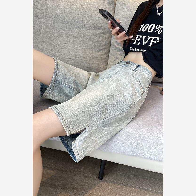 浅色牛仔五分短裤女夏季薄款高腰显瘦复古条纹开叉宽松阔腿中裤子