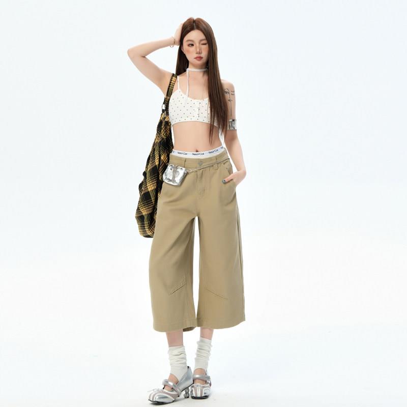 弄格卡其色七分裤女夏季2026新款宽松直筒工装裤子高腰显瘦牛仔裤
