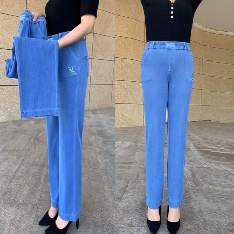 女士秋季冰丝牛仔裤弹力直筒裤夏季薄款中老年妈妈休闲裤女中年