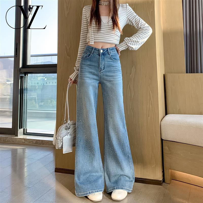 浅色满天星烫钻微喇牛仔裤女2026春季新款高腰显瘦爆闪喇叭拖地裤