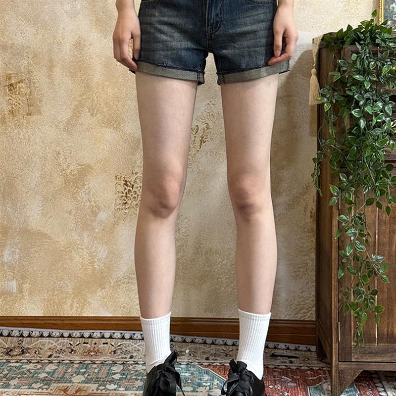 VintageTang美式复古做旧低腰卷边牛仔短裤女夏季直筒热裤骁伍