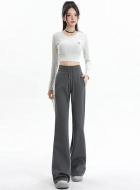 ZSFA中高腰微辣休闲裤女抽绳灰色显瘦百搭运动风斩男御姐喇叭卫裤