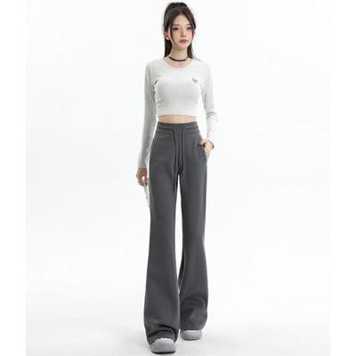 ZSFA中高腰微辣休闲裤女抽绳灰色显瘦百搭运动风斩男御姐喇叭卫裤