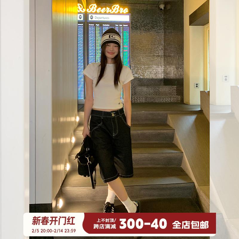 宋正恩蓝色牛仔短裤女五分裤子夏季新款美式复古直筒宽松阔腿中裤