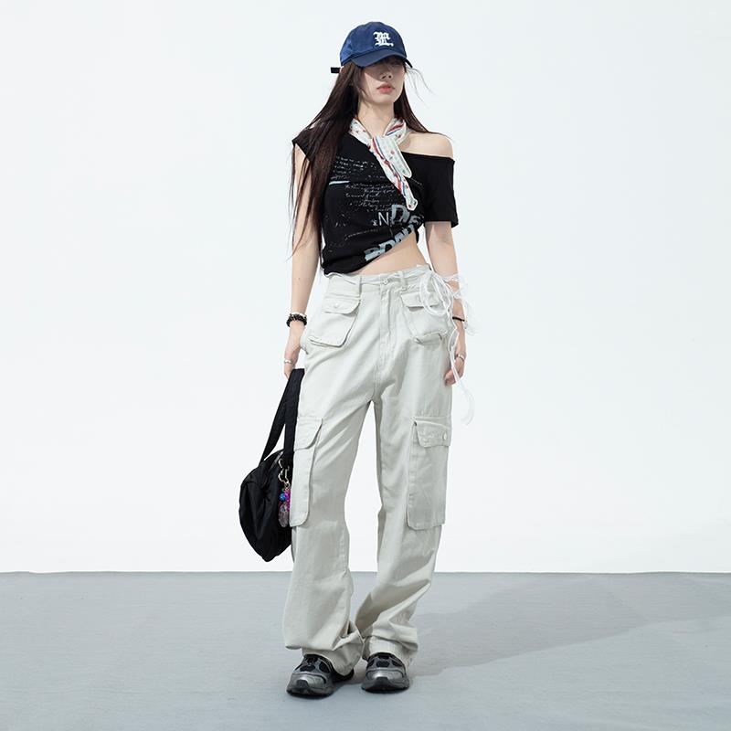 RTRX沙白色工装裤女2024新款美式复古时尚多口袋休闲直筒牛仔裤