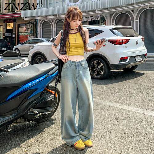 ZNZW天丝牛仔裤女2026夏薄款美式水洗莱赛尔长裤慵懒垂坠感阔腿裤