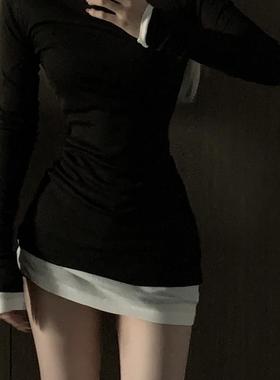 021ope叠穿法则 真两件撞色收腰连衣裙T恤女慵懒风小众设计感显瘦