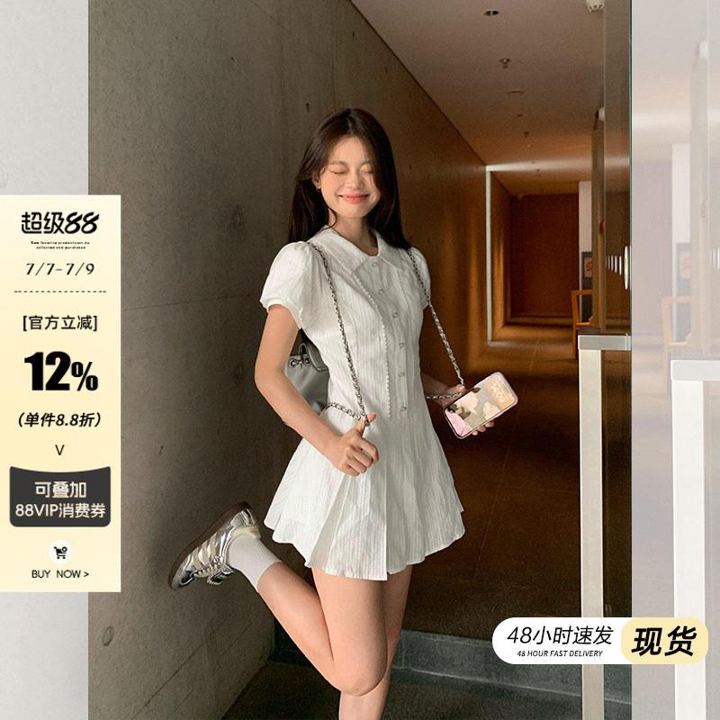 宋正恩学院风白色泡泡袖衬衫连衣裙女夏季气质收腰小个子甜美短裙