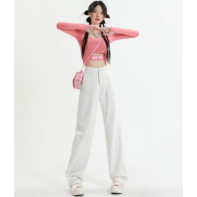 UYH高腰阔腿牛仔裤女文艺风开学穿搭韩系街头休闲慵懒潮ins直筒裤