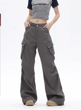 YOOTDS美式复古灰色伞兵工装裤女夏季薄款宽松高腰多口袋休闲长裤