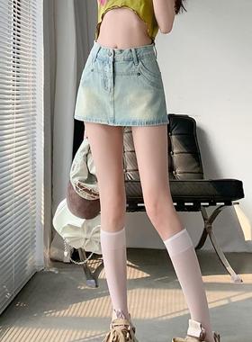 ZAVK2024春夏新品女小个子短裙显瘦A字ins风防走光浅蓝时尚包臀裙