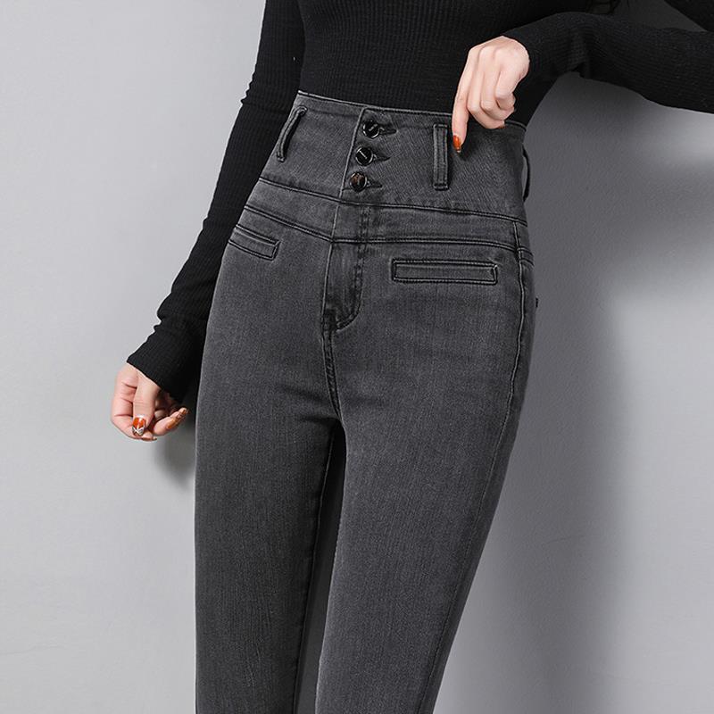 烟灰色高腰牛仔裤女小秋冬2024年新款显瘦显高紧身加绒黑色长裤