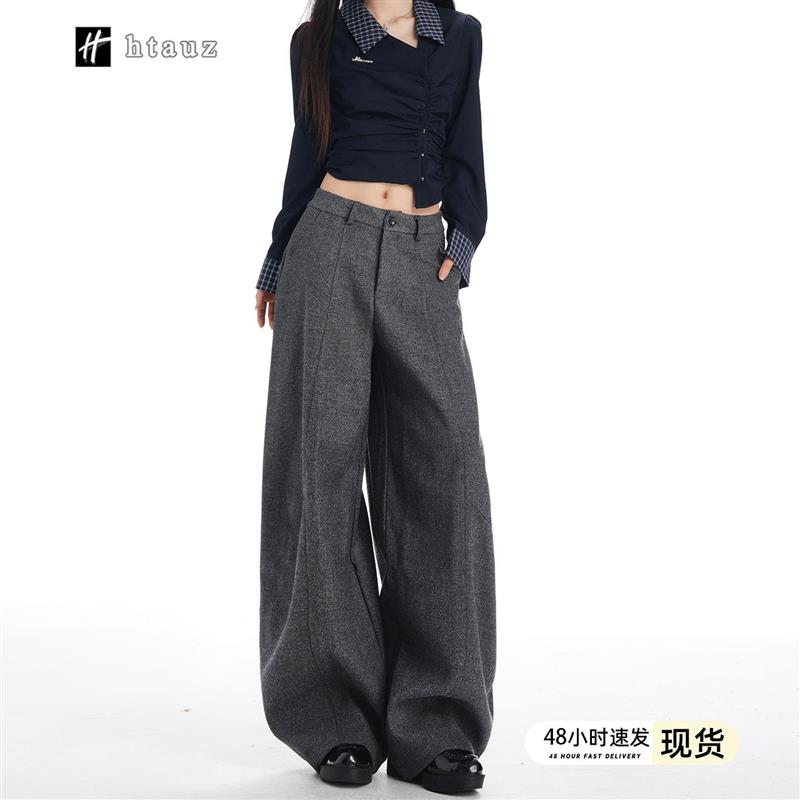 深灰色阔腿休闲加绒毛呢裤女2026冬季新款高腰宽松拖地垂感西装裤