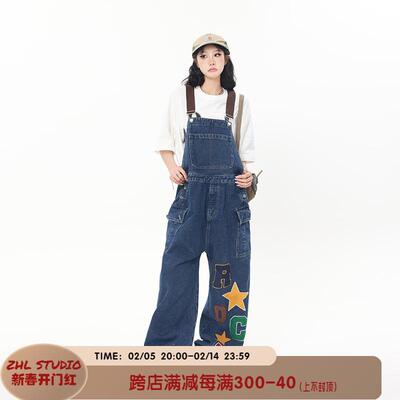 ZHL STUDIO 美式复古毛巾绣牛仔背带裤女春夏新款宽松休闲连体裤