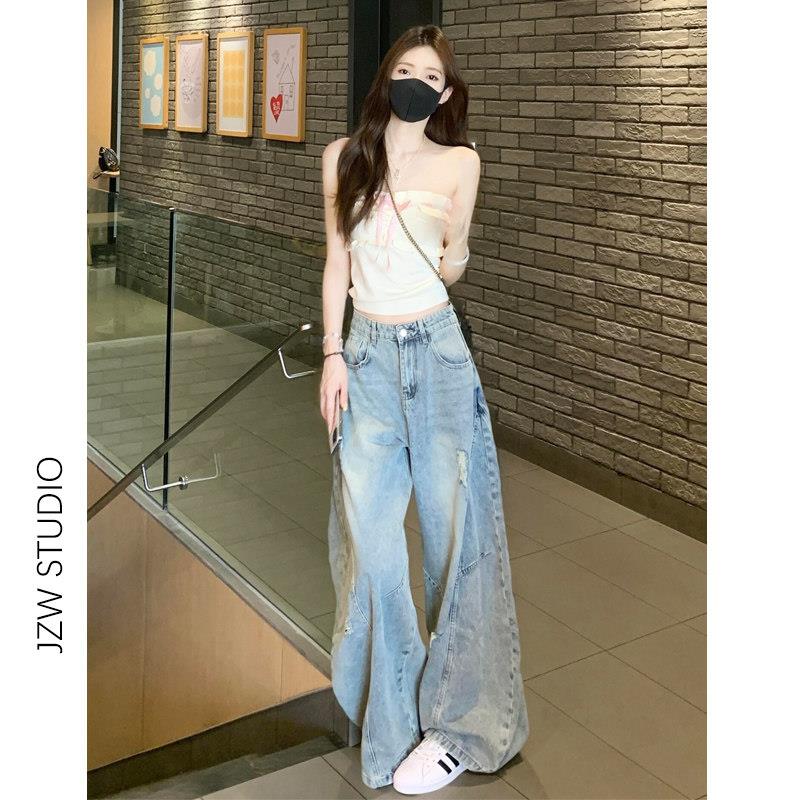 复古破洞阔腿牛仔裤女2026春夏季浅色宽松显瘦垂感拖地辣妹弯刀裤