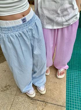 EAHO夏季新款假两件条纹长裤男女休闲阔腿设计感慵懒风显瘦直筒裤