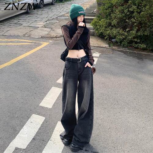 ZNZW黑灰色阔腿裤女2026春季新款牛仔裤女美式复古高腰直筒裤子女
