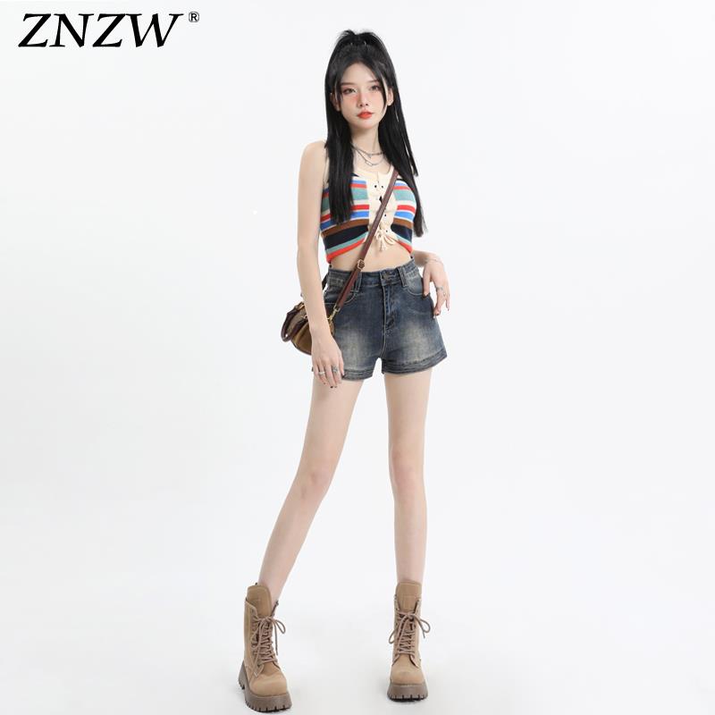 ZNZW复古高腰牛仔短裤女2025新款早春美式辣妹a字牛仔包臀短裤女
