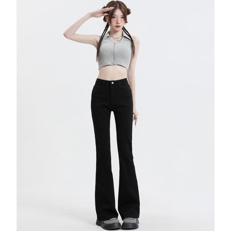 UYH高腰微喇叭牛仔裤女2023秋季新款黑色垂感显瘦穿搭弹力九分裤