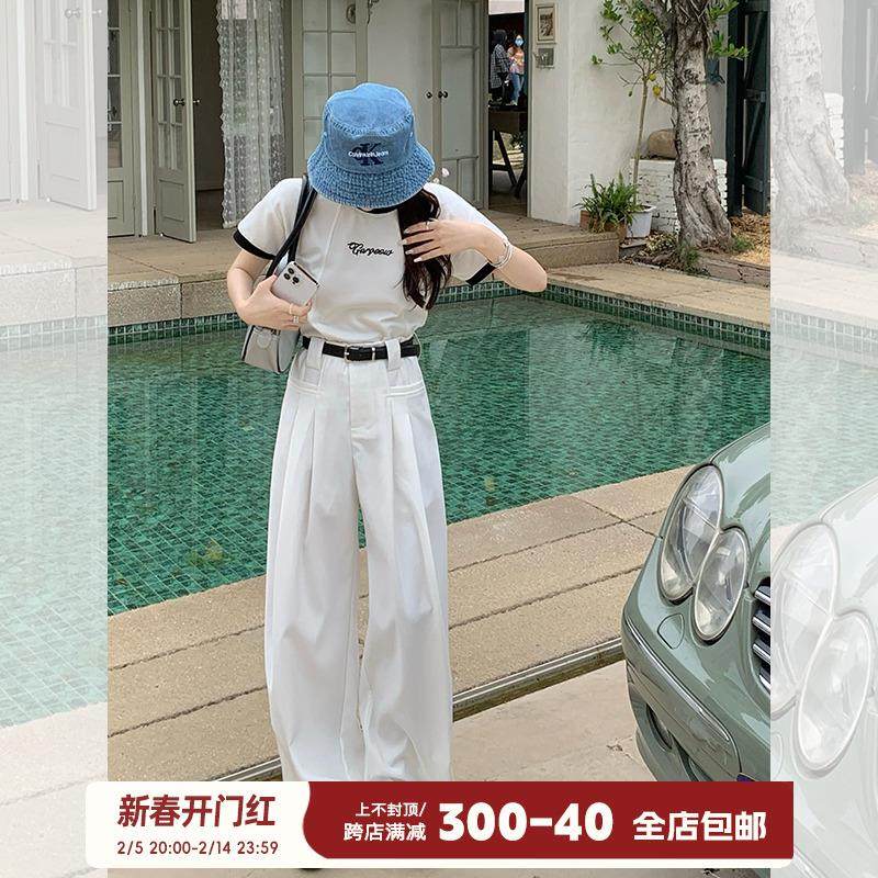 宋正恩白色阔腿裤女西装裤夏季小个子垂感休闲裤直筒裤拖地白裤子