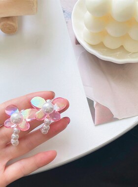 极速韩国夏季新款糖果色透明压克力蝴蝶珍珠耳圈insY风少女甜美耳