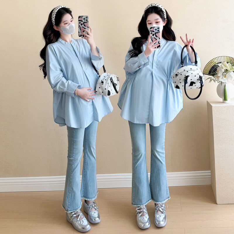 新品孕妇装春秋季上衣o2025新款套装宽松长袖纯棉衬衫衣服上班职