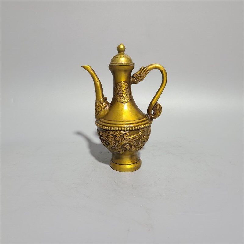 极速铜龙凤壶g家居茶壶酒壶摆件古玩铜器黄铜双龙酒壶茶壶