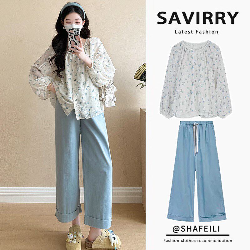 新品孕妇装春夏装i长袖碎花娃娃衬衫上衣2025新款孕妇套装怀孕季