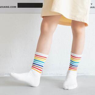 极速女童儿童鲨鱼裤袜子中筒袜外穿潮G彩虹条纹袜韩版学院鲨鱼裤