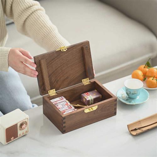 极速黑胡桃木翻盖式储物盒复古实C木盒子带盖子榫卯结构文艺范桌