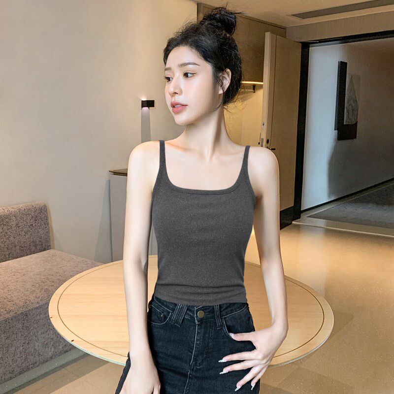 新品黑色加绒吊带背心女内搭秋冬新款带胸垫美背文U胸一体保暖打