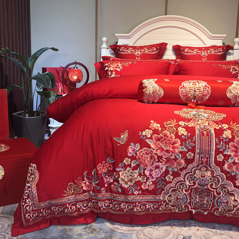 极速高端刺绣四件套婚庆大红结婚床上用品新婚床单U被套4六件双人