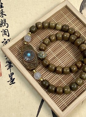 极速绿檀老型珠iDIY六字真言太岁牌双圈手串时来运转佛串