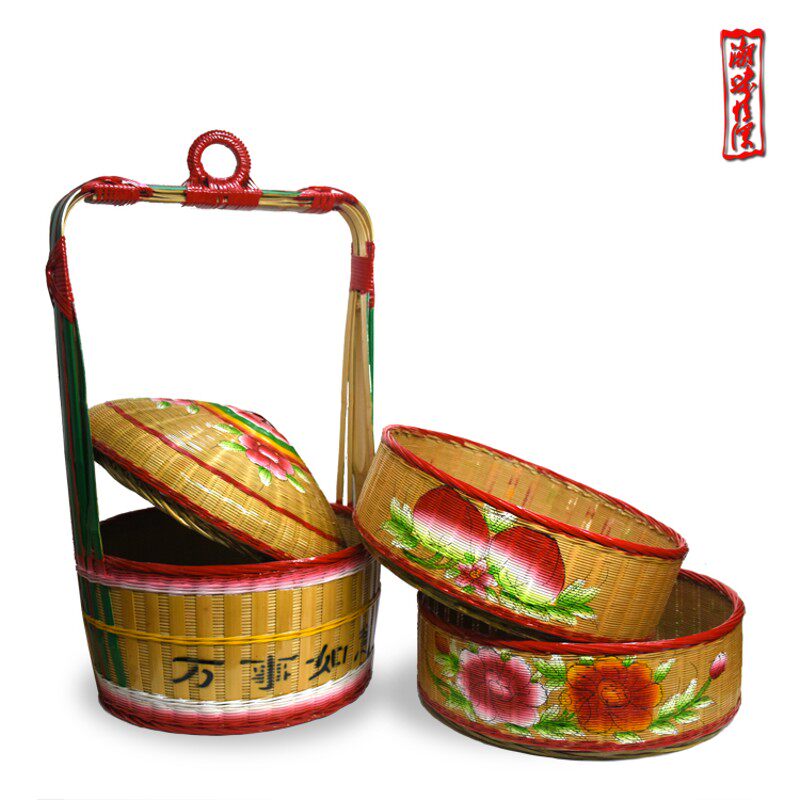极速潮汕传统婚嫁娶结婚用品纯手A工竹制品三层大春盛竹篮花篮大