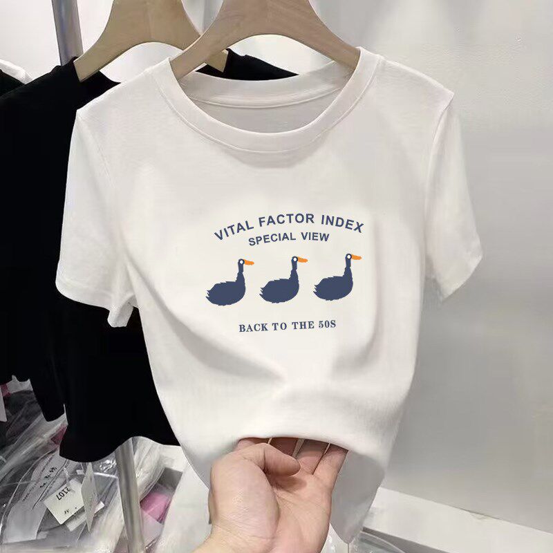 新品2025新款正肩纯棉短袖t恤女时尚I百搭洋气显瘦白色上衣打底衫