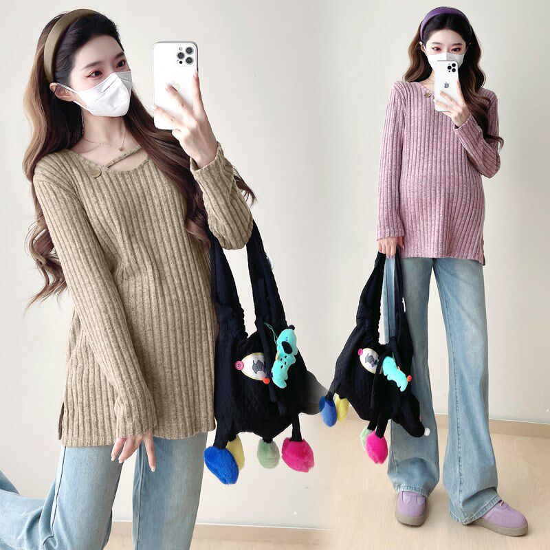 新品孕妇装春装2025r新款春秋季时尚休闲长袖T恤宽松针织衫上衣两