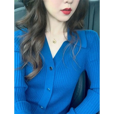2024年早秋新款克莱因蓝色显白VD领修身针织开衫上衣女洋气打底衫