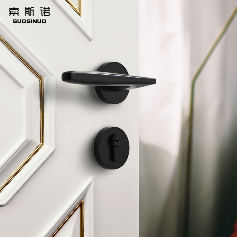 新品门锁室内卧室黑色房门锁北欧简约分体锁三件套U家用现代实木