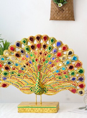 极速泰国孔雀开屏木雕摆件东南亚风格客厅玄关电视酒X柜办公室装