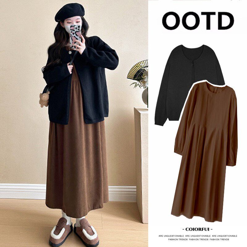 新品孕妇装秋冬季k连衣裙套装2025新款娃娃裙子针织毛衣外套长袖