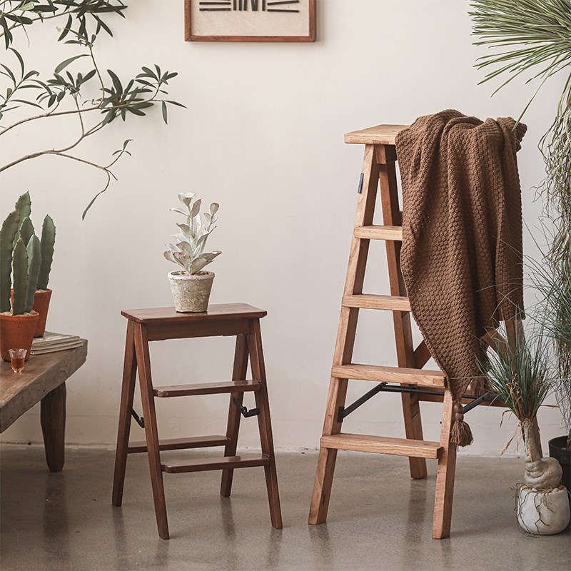 极速折叠梯创意花架老榆木实x木梯子置物架复古做旧阳台造景客厅