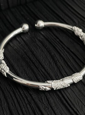 极速9.06足银浮雕繁花花朵开口手镯H内径约5.8cm29.2g