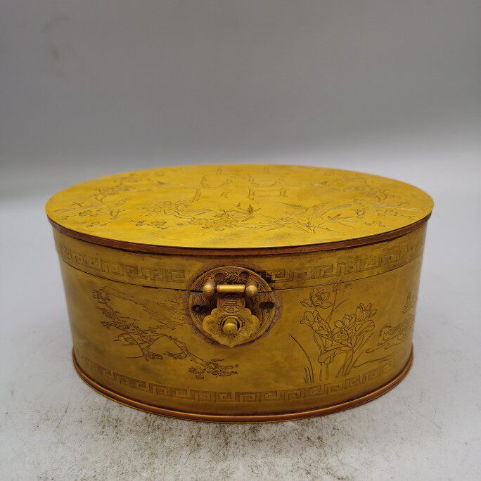 极速精品纯铜首饰盒仿古青铜器古玩收藏黄铜双喜T椭圆形铜盒子摆