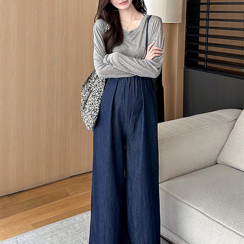 新品孕妇装春秋装套装2025新款牛仔背带裤M长袖上衣阔腿裤两件套