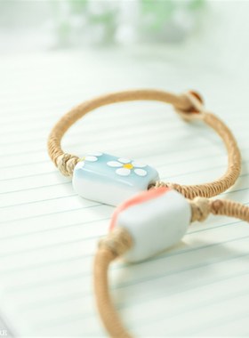 极速zakka景德m镇陶瓷手链时尚手工陶瓷编绳手链 手绘花朵饰品情