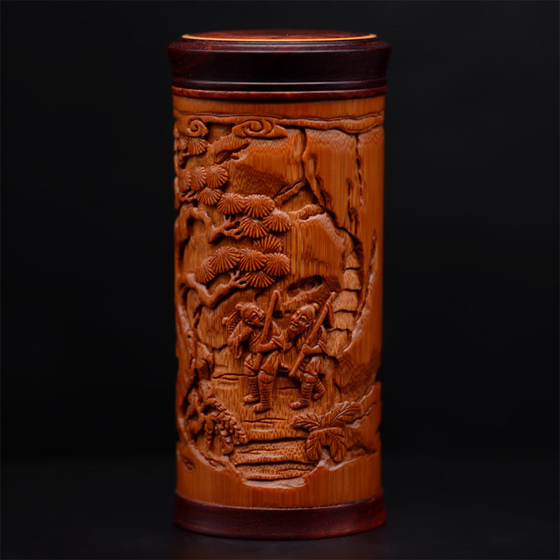 极速名家张念超竹雕茶叶罐竹筒渔樵耕读茶叶筒竹S制密封罐存茶罐