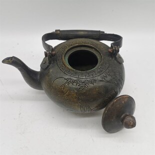 极速古玩铜器收藏复古o老铜竹下饮酒壶摆件把酒邀月对酒当歌工艺